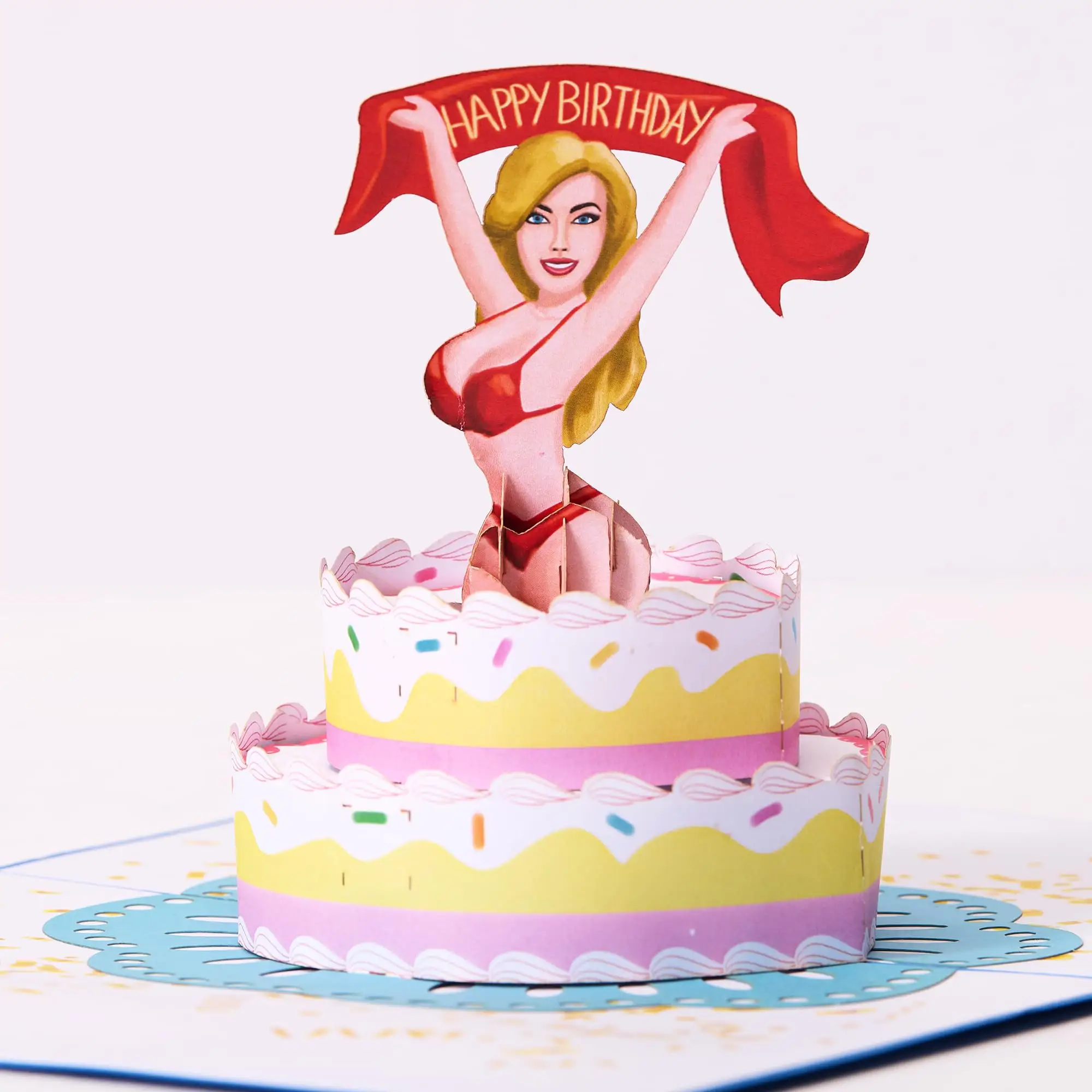 Wholesale Customize logo printing 3D Girl Jumping Out of Popup Bday Cake Funny Birthday Card for Men Naughty 50th Birthday Cards