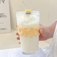 Gobelet en verre sodocalcique réutilisable de 460 ml avec logo personnalisé, manchon à lettres colorées et couvercle à paille, pour la maison et le bureau