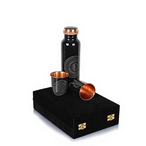 Luxury Black Printed Pure Copper Water Bottle with 2 Tumblers Gift Set Mandala Pattern Velvet Gift <b>Box</b> Ayurvedic Drinkware - Product Image 1
