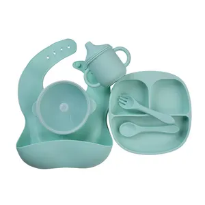 Bpa Free Silicone Baby Feeding Plates Set Weaning Spoon Bib Bowls Set Travel Tableware For Kids Eco Friendly Babi Feed Supplies