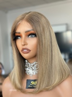 SHY Perruque Lace Front en Cheveux Vierges Premium, Couleur Balayage, Style Bob, Nœuds Décolorés avec Ligne de Cheveux Naturelle pour Femme