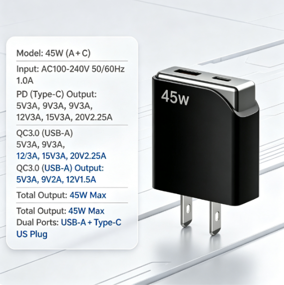 Factory Wholesale 45W PD Fast Charger 2 Port USB A+Type C Wall Charger QC3.0 Dual Port Power Adapter for Laptop Phone Tablet