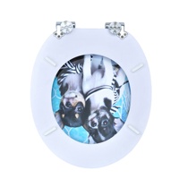 Siège de toilette rond à fermeture douce en MDF, imprimé motif animalier, avec charnières en alliage de zinc et plaque de recouvrement amortissante pour salle de bain