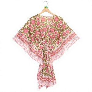 Robe Kaftan Courte d'Été Bohème Florale en Coton Naturel Respirant Écologique pour Femme, Col en V, Sans Manches, Coupe Moulante - Product Image 1