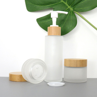 Set Kemasan Kosmetik Bambu, Botol Krim Kaca Buram Kosong dan Set Perawatan Kulit dengan Pompa Semprot, Botol Lotion Tubuh
