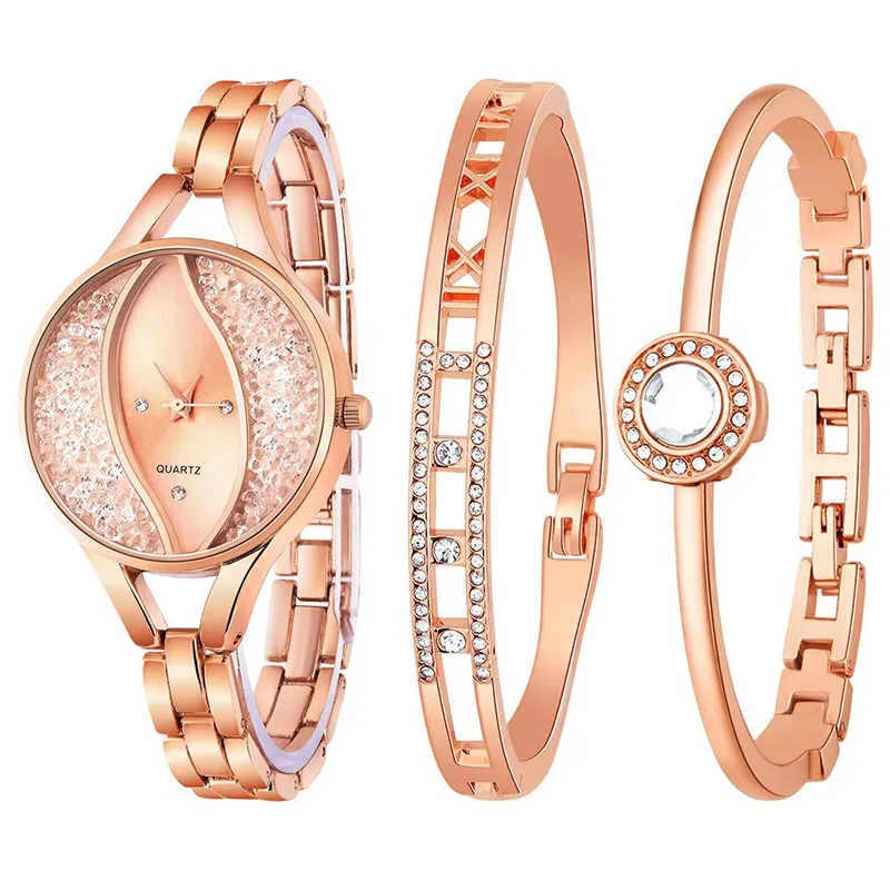 ファッションアナログ腕時計3個ジュエリーセットスタイリッシュなラインストーンアイスアウト時計女性と女の子のための高級ブレスレットギフトウォッチ