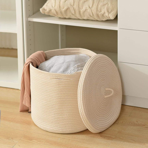 Grand panier à <span class=keywords><strong>linge</strong></span> en <span class=keywords><strong>corde</strong></span> de coton avec couvercle, bac de rangement tressé gris et blanc, organisateur de jouets, panier à <span class=keywords><strong>linge</strong></span>, boîte de rangement pour chambre d'enfant - Product Image 3