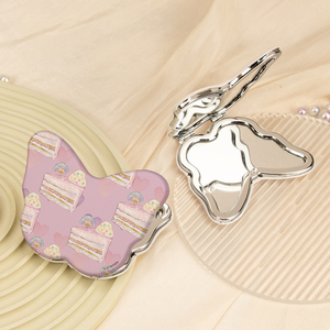 Miroir compact en cuir PU imprimé motif papillon, cadre métallique argenté, double face, verre HD, format poche, thème dessert pastel - Product Image 5