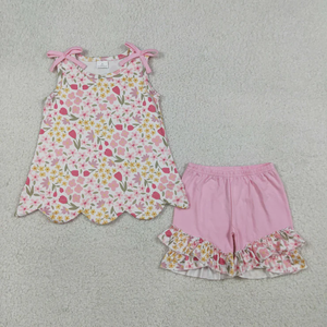 Wholesale Adorable Boutique Toddler Girl Casual Floral Print Short Sleeve Scallop Tops and Ruffle Shorts 2 Pcs Sets for Summer - Product Image 5