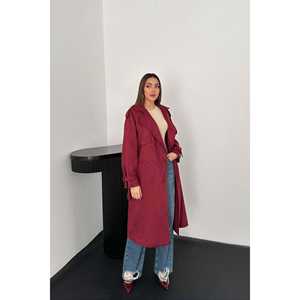 Wholesale Women's Burgundy <b>Suede</b> <b>Trench</b> <b>Coat</b> Raglan Sleeves Long Casual Winter <b>Coat</b> Waterproof Feature Cotton Autumn Print - Product Image 4