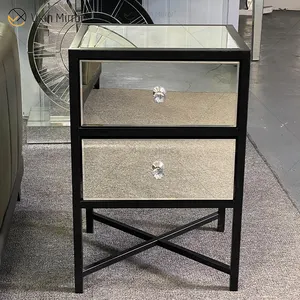 Vanity Modern Silver glass Wrought iron Furniture Nightstand With 2 Drawers mirrored bedside table for bedroom