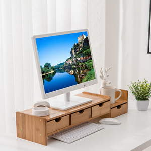 Bamboo Computer Monitor Stand With Drawers For <b>Desk</b> Organization Office Organizer Rectangle Standing Type 2nd Floor Removable - Product Image 1