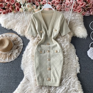 Wholesale <strong>V</strong> <strong>Neck</strong> Short Sleeved Knit <strong>Jersey</strong> Bodycon <strong>Dress</strong> Women Slim Casual Summer <strong>Dresses</strong> Vestido - Product Image 2