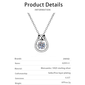Joli <span class=keywords><strong>chat</strong></span> chanceux S925 <span class=keywords><strong>argent</strong></span> Sterling plaqué or blanc pendentif flottant Moissanite collier bijoux fins collier femmes cadeau - Product Image 5