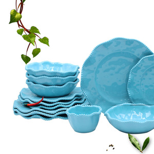 Ensemble de vaisselle en mélamine bleu ciel Perlette sans BPA-12 pièces vaisselle durable pour l'extérieur assiettes en plastique bols Service pour 4