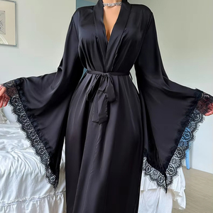 New Fashion Satin Lace Long Sleeved Nightgown Wholesale High Quality Soft and <b>Silky</b> Comfortable Bathrobe - Product Image 1