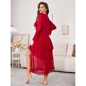 Sfy3891 Valentine's Day Sexy V-neck <b>Elastic</b> Waist Full Length <b>Lace</b> Robe Set Bridal Wedding Pajama Gown - Product Image 2