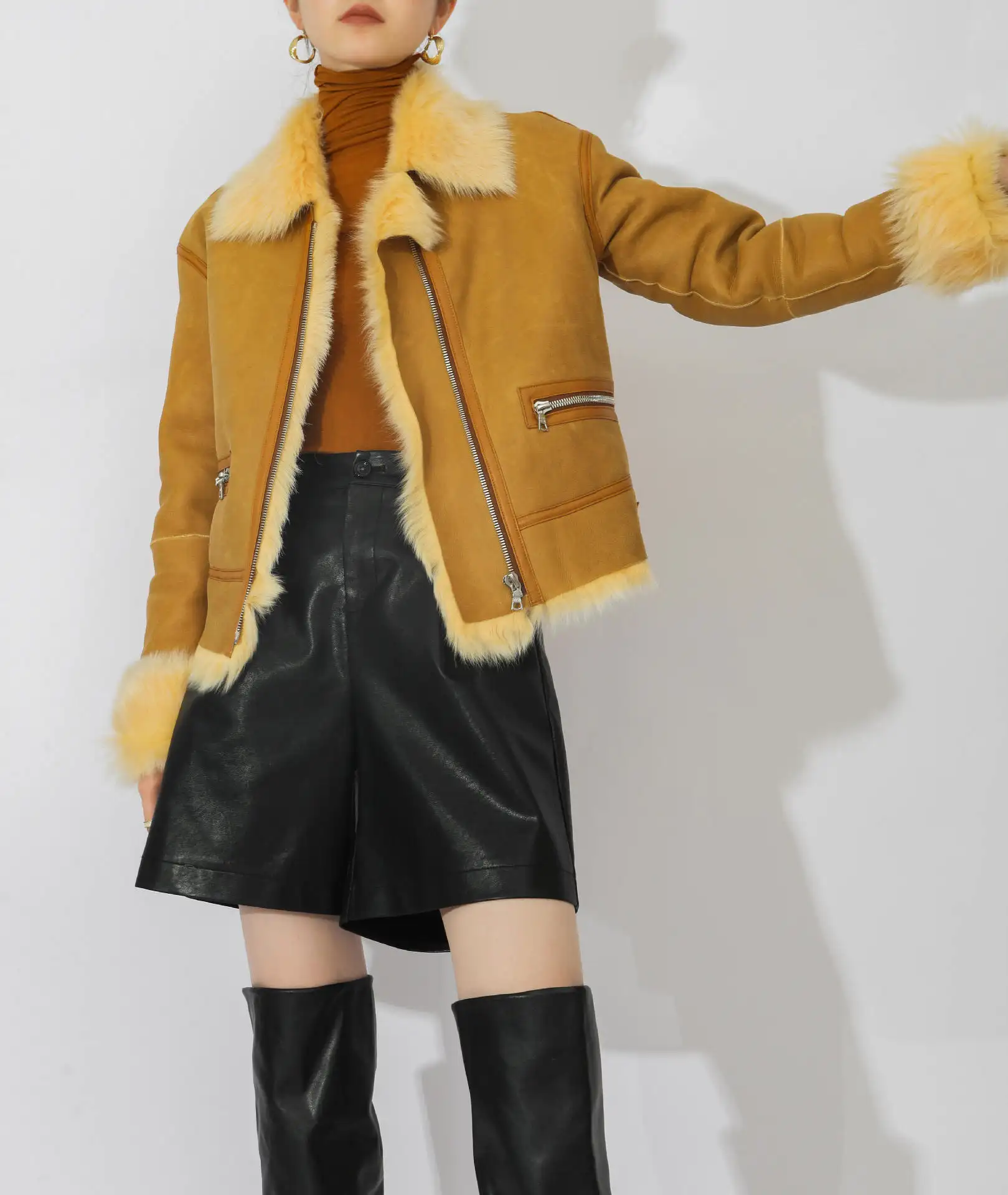 2024 Spring Unique Design Spain Tuscany Leather And Fur One Piece Thick Coat With Fur Collar High Quality Jacket