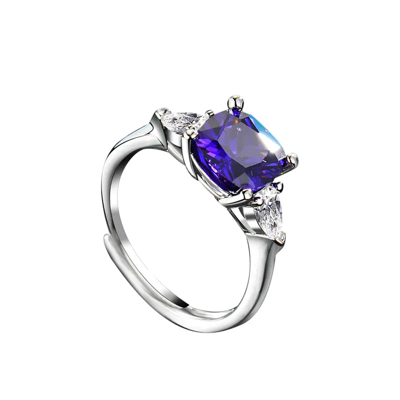 Anillo de amatista de diamante Chapado en platino Luz de lujo Púrpura Cuadrado Diamante Amatista Anillo de diamante de cuatro garras Anillo ajustable abierto