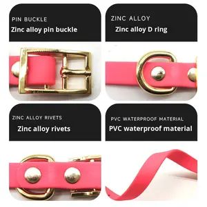 Hochwertiges, robustes, wasserdichtes und verstellbares PVC-Hundehalsband mit breiter Schnalle aus goldfarbenem Metall. - Product Image 4