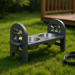 Ciotola regolabile per animali domestici, grigio scuro, in legno riciclato resistente, pronta per i viaggi, per gatti - Product Image 3