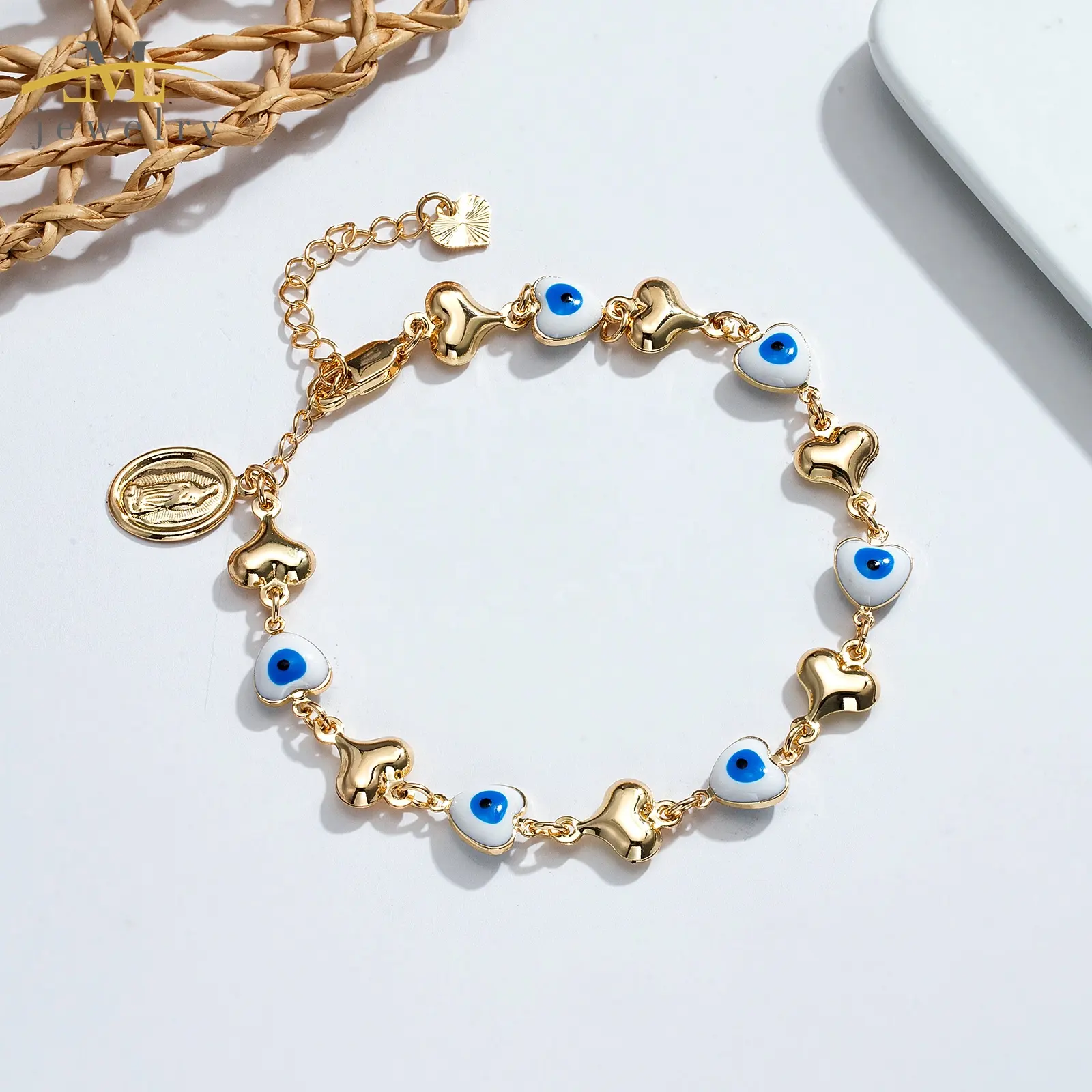 JML Gold Plated Evils Eye Bracelet With Virgin Mary Heart Charm Bracelet Catholic Religious Items Evils Eye Beads Bracelet