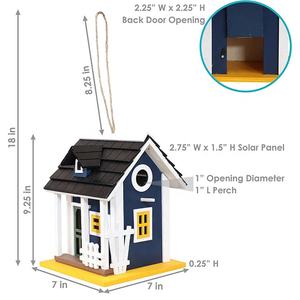 Maison d'oiseau extérieure en bois petite maison d'oiseau suspendue pour l'extérieur LED solaire charmant chalet bleu 9.25 pouces - Product Image 5