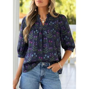 Chemise à fleurs pour femmes, manches courtes, col en V, style bohème, en mousseline de soie respirante, pour le printemps et l'été, décontractée, à porter tous les jours - Product Image 5