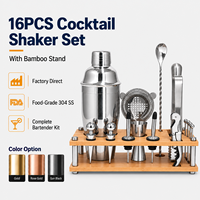 Peralatan Bar Stainless Steel 16Pcs Berkualitas Tinggi untuk Pembuatan Koktail, Set Shaker Koktail