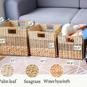 Panier de <span class=keywords><strong>rangement</strong></span> en jacinthe d'eau naturelle, carré, grand, cubes de <span class=keywords><strong>rangement</strong></span> en <span class=keywords><strong>rotin</strong></span>, organisateurs d'étagères avec poignées intégrées - Product Image 1