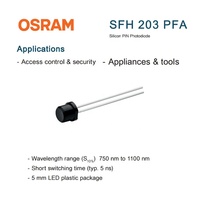 Photodiode PIN en silicium OSRAM SFH 203 PFA 5 mm, époxy noir, 750-1100 nm, réponse rapide 5 ns, 75 °   Grand angle pour la sécurité et la télécommande