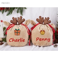 Sac de Noël en velours doux avec cordon de serrage, logo personnalisé brodé, de luxe, réutilisable, avec des bois de cerf, pour enfants et cadeaux