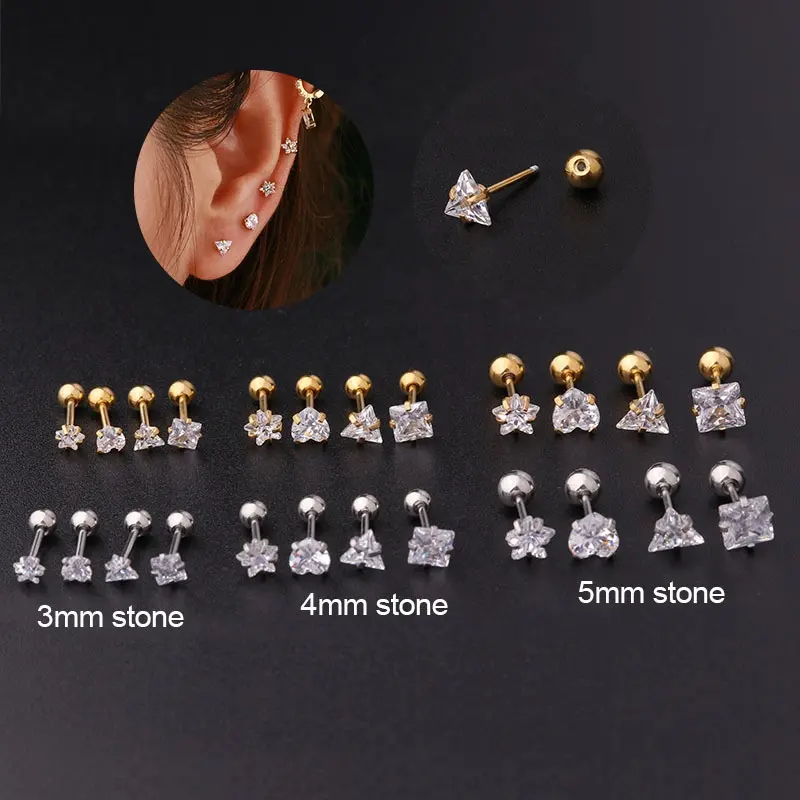Piercing Stud Earrings Set Hypoallergenic Cubic Zirconia 316L Earrings Stainless Steel CZ Earrings 3-5mm Gold Silver