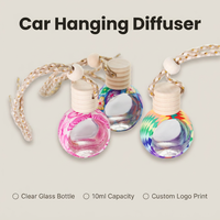Diffuseur de parfum pour voiture en verre transparent/couleur, forme ronde, 10 ml, avec logo personnalisé, bouchon en bois et joint à vis.