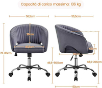 Fauteuil de bureau ergonomique en velours rembourré, pivotant, inclinable, réglable en hauteur, dossier ouvert, base chromée en alliage d'aluminium