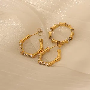 트렌디 한 대나무 지르콘 반지 여성용 방수 18K 금도금 스태킹 CZ 손가락 반지 스테인레스 스틸 우아한 반지