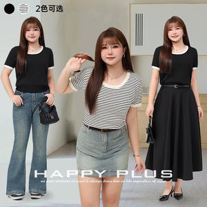 Camiseta de punto negra a rayas Happy Plus N9155, talla grande, manga corta, estilo universitario, poliéster fino para mujer - Product Image 2