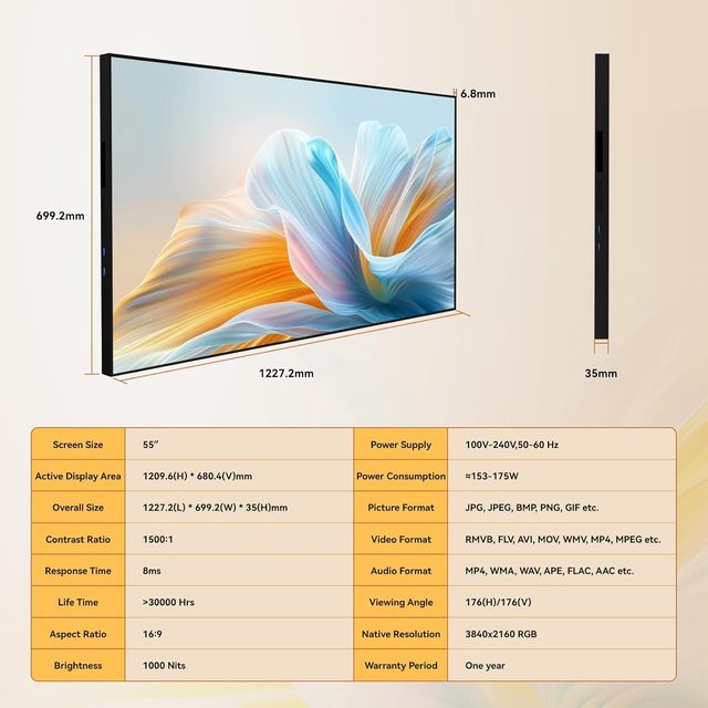Digital Signage LCD Display 55 Inch Wall Mount Digital Menu Board Restaurants Stores 1000 Nits Ultra-High Brightness 4K UHD Free