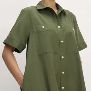 Kadınlar için özel kısa kollu Shirtdress 100% organik pamuk gömlekler elbiseler kadın düğme aşağı gömlek etekler