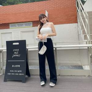 Pantalon large taille haute élastique color block longueur ras du sol grande taille N8300 - Product Image 1