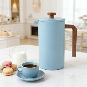Cafetera Francesa de Acero Inoxidable Azul Claro Mate Personalizada con Mango de Madera, Prensa Francesa de Doble Pared Aislada - Product Image 1