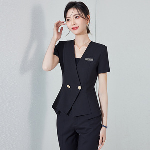 Women's Short Sleeve Suit Set Gray Wool Blend Anti-Wrinkle Office Lady Professional Workwear Spring Season Skirt Style - Product Image 2