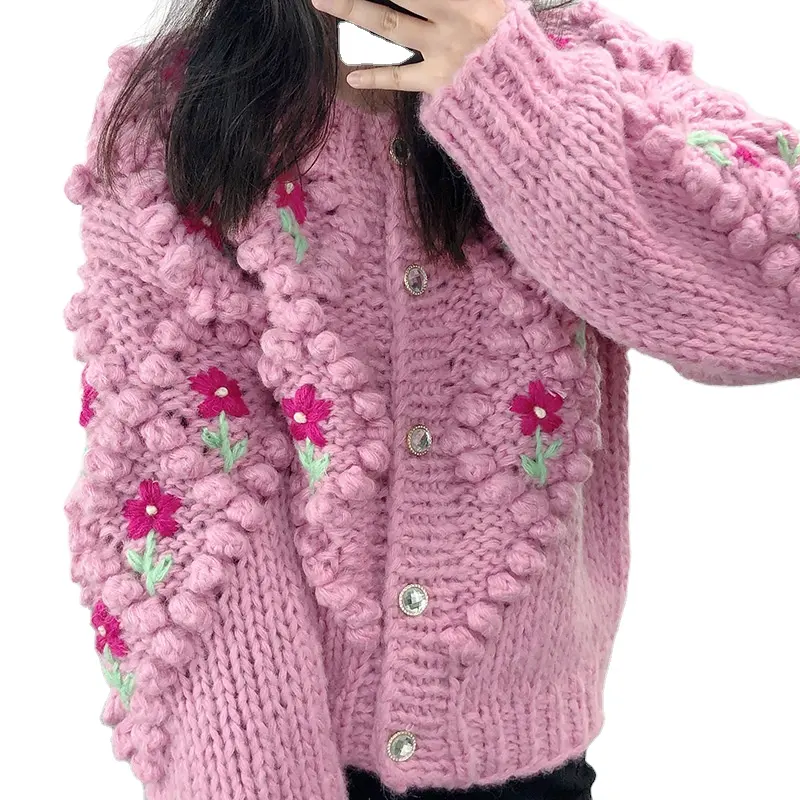 Factory wholesale 2022 hand knitted Vintage Cardigan Chunky Hand Crochet Three-Dimensional Ball Knit Sweater for Women