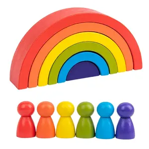 Large size 16 pieces Building Blocks Wood Game rainbow peg dolls Nesting Rainbow Bridge Set Creative Blocks Toy For Kids