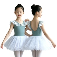Justaucorps de ballet pour filles, robe tutu à col volanté transparent, manches flottantes, nœud en ruban, boutons-pression, costume de danse pour enfants