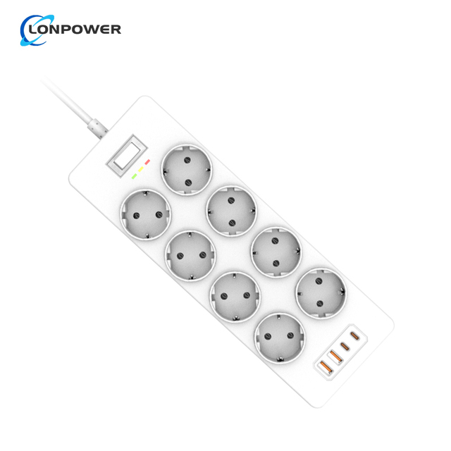 8-Port Extension Socket with 2 USB-A & 2 USB-C Ports 16A Rated Universal EU Plug 110-250V Factory Direct Wholesale