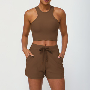 Vêtements d'entraînement côtelés Ensembles <span class=keywords><strong>de</strong></span> yoga Gilet <span class=keywords><strong>de</strong></span> <span class=keywords><strong>sport</strong></span> à dos ouvert Short à ceinture élastique Gym - Product Image 5