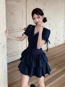 Nuovo stile coreano abito a maniche corte per ragazze che indossano gonne Casual dimagranti estive in tinta unita - Product Image 2