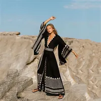2026 noir caftan Kimono tunique femmes auto-serré imprimé été plage robe grande taille maillot de bain couverture dos cou Logo col en v
