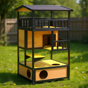Maisonnette d'extérieur en bois pour chat avec plateforme jaune, toit en asphalte, abri pour chats errants, arbre pour chatons, portes d'évasion, mobilier pour animaux de compagnie - Product Image 2